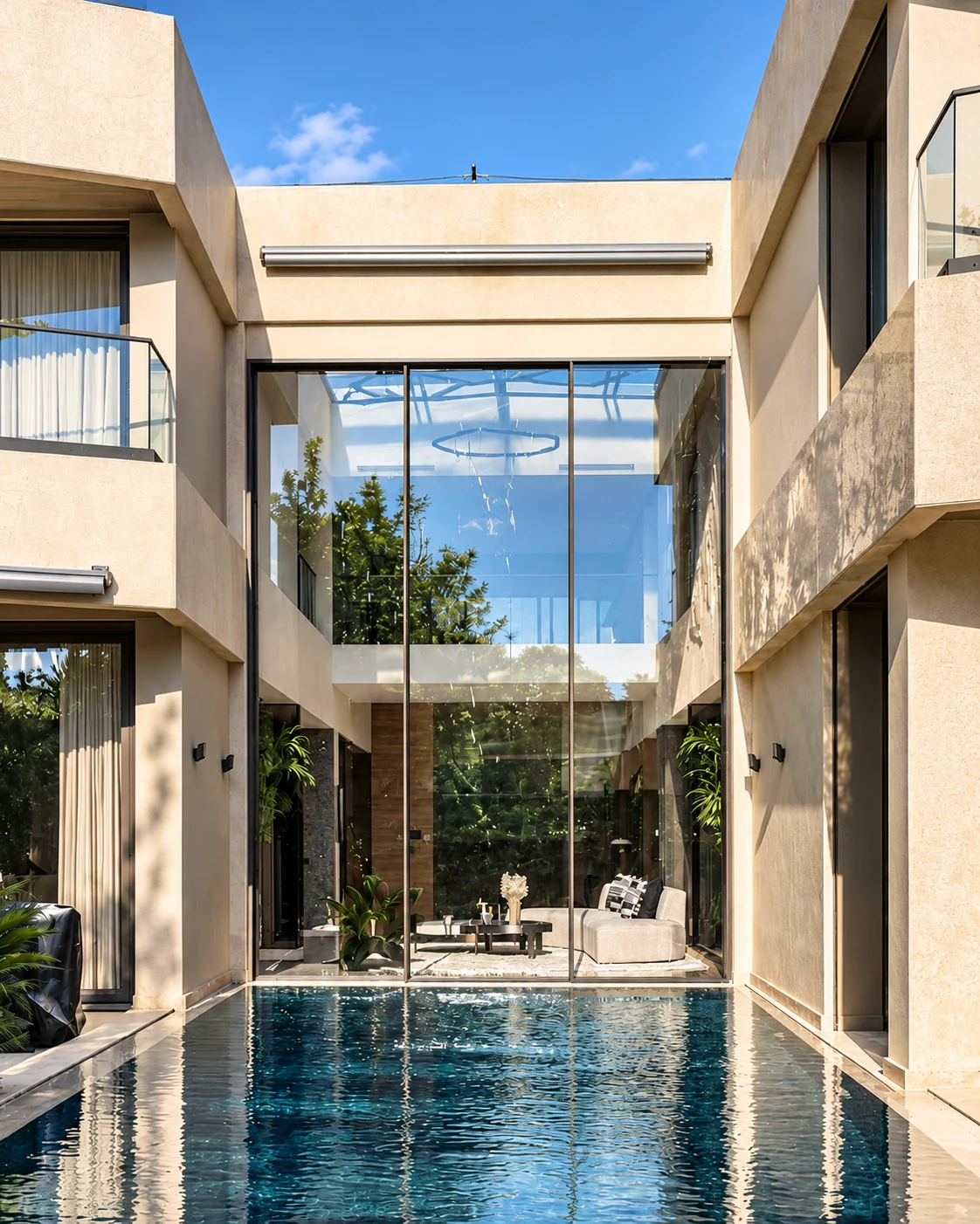 Baie vitrée minimaliste dans une villa avec piscine