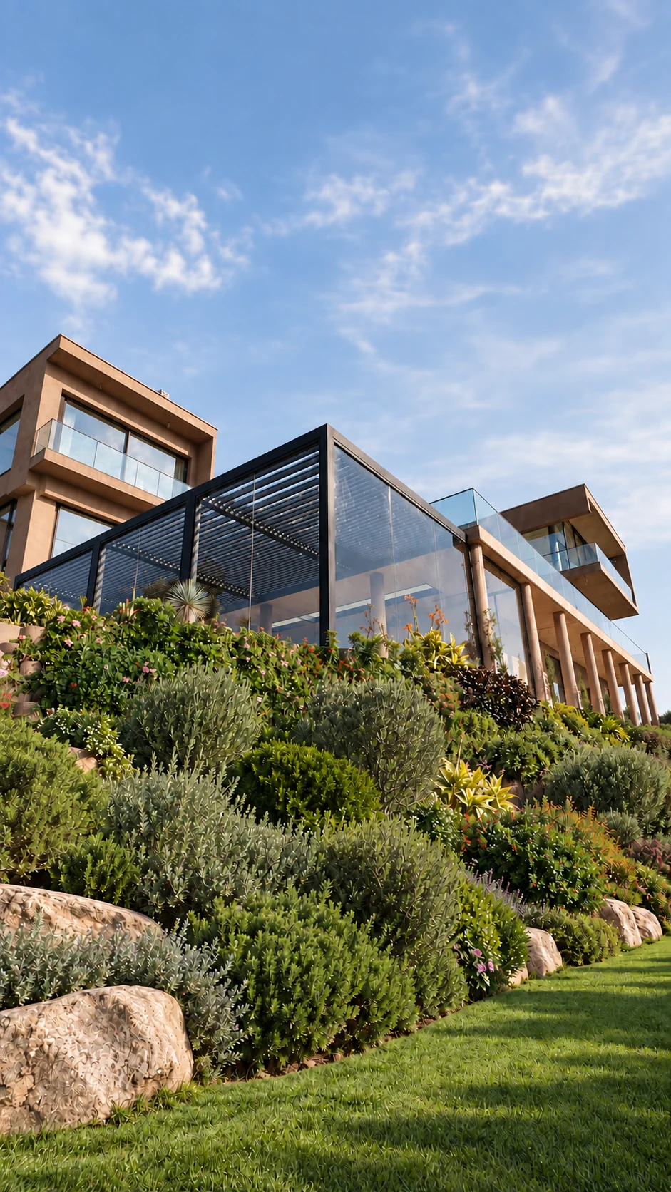 Pergola bioclimatique intégrée à une résidence contemporaine